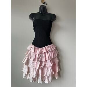 Vintage 80s Black Pink Strapless Ruffle Party Dress Tiered Taffeta Prom Dress 8